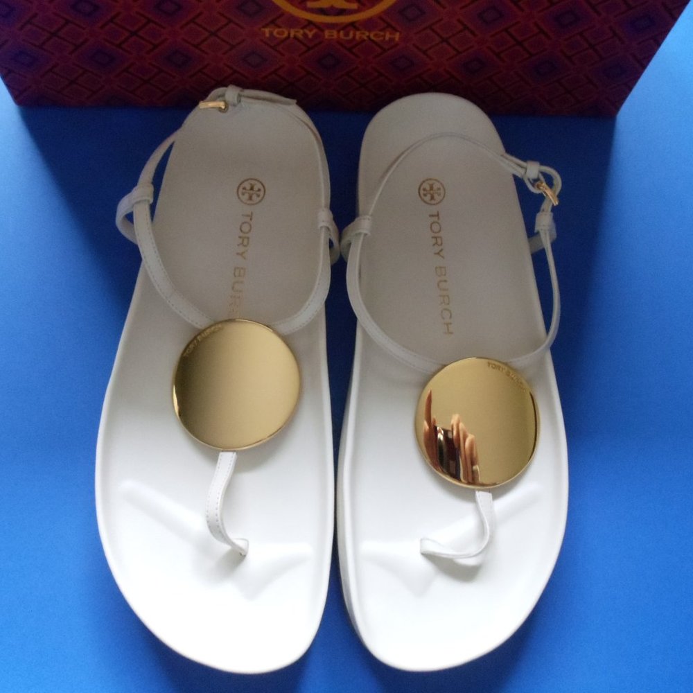 Tory Burch sz 7.5  PATOS Thong Sandals Ivory Leather w/Gold Disk Medallion  MIB